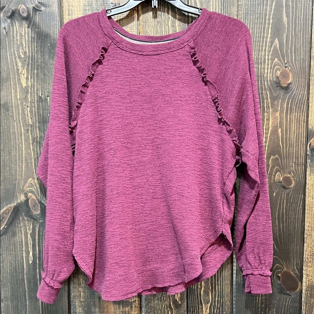 Anthropologie Pilcro Purple Diana Ruffled‎ Raglan Thermal Sweater XS Berry Boho
